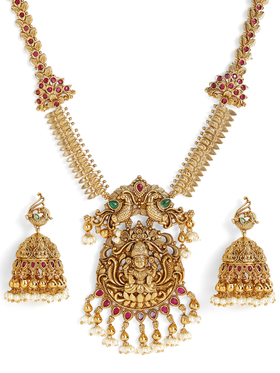 Ishin Twin Peacocks Goddess Gold Plated Necklace Drop Style Earrings Jewellery Set