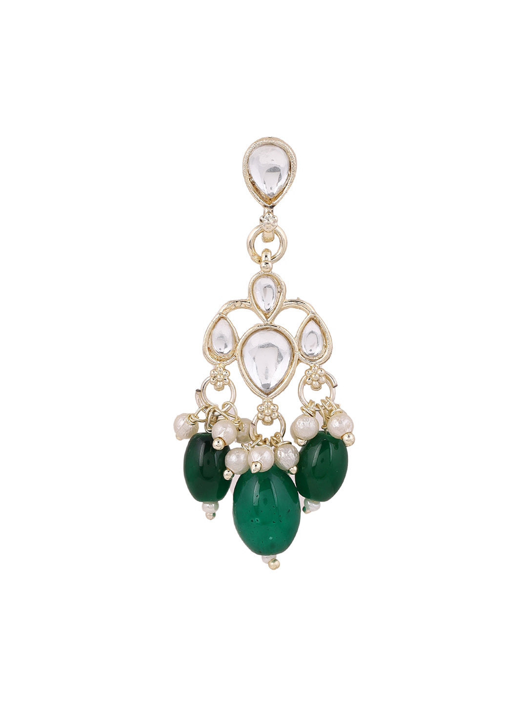 Ishin Plain Kundan Gold Plated Green Beads Pushback Drop Earrings