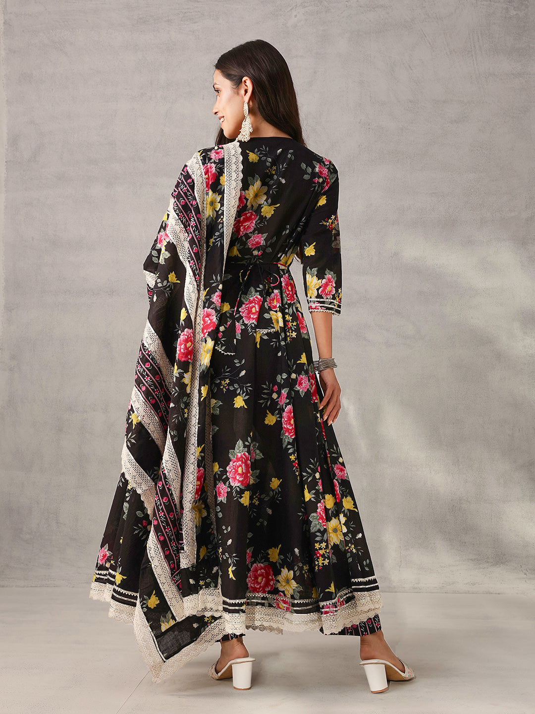 Graceful Black Cotton Floral Printed Angrakha fit Kurta Set with Dupatta
