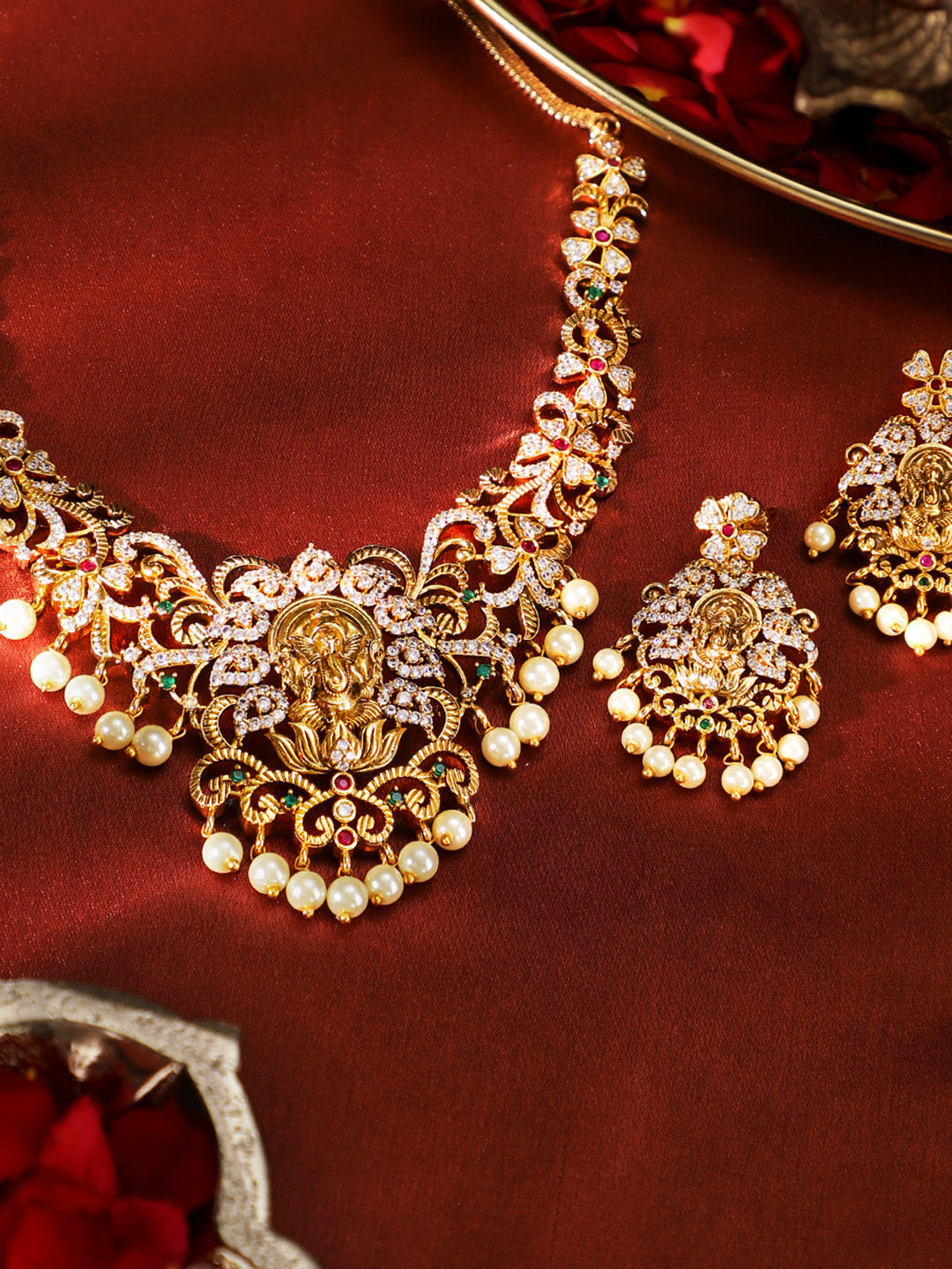 Ishin Goddess Pattern Floral Elegance Gold Plated Mint Beads Necklace and Drop Earrings Jewellery Set