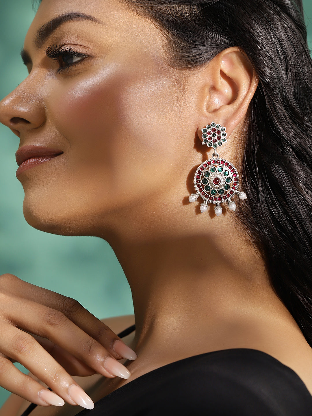 Ishin Multi Colour Silver Plated Beads Chandbali Earring
