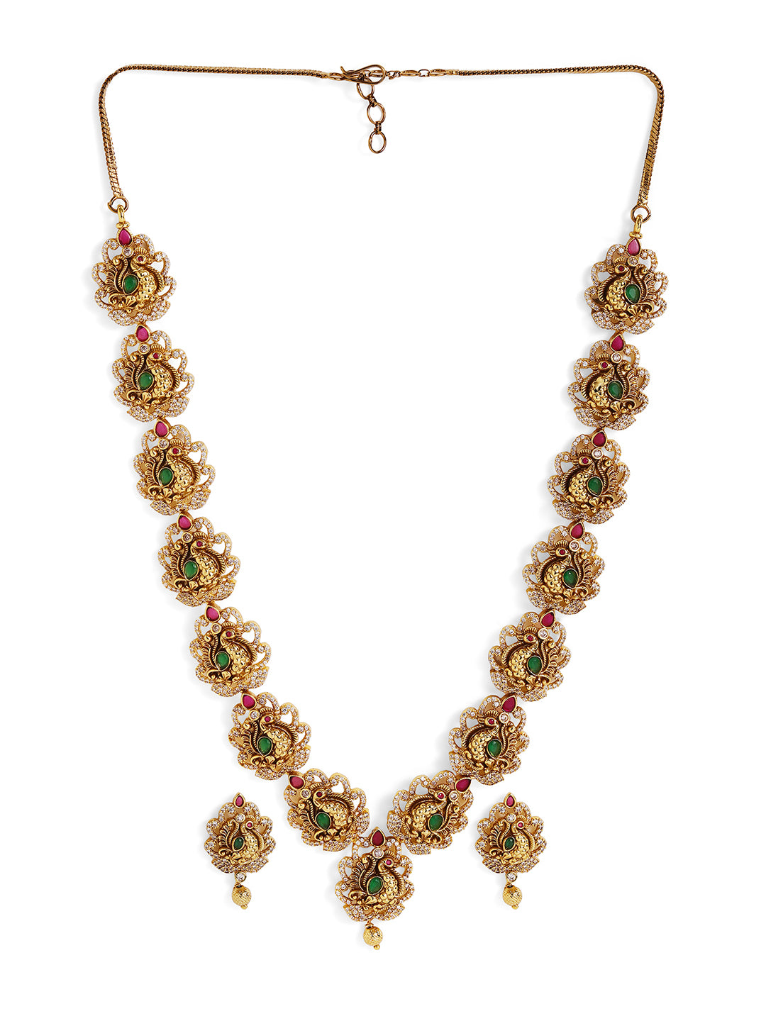 Ishin Gold Plated Goddess Pattern Temple Necklace and Drop Earrings Jewellery Set