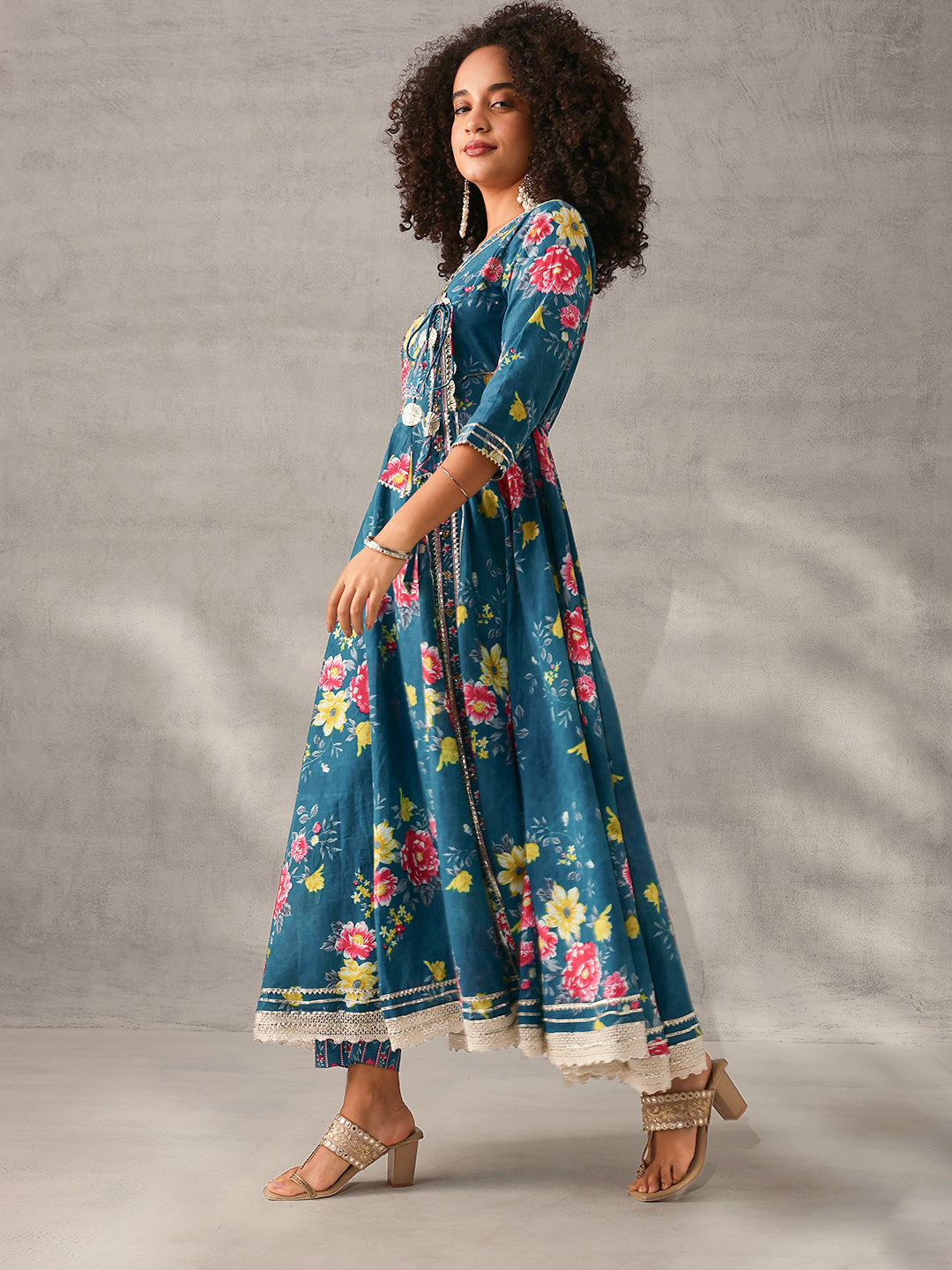 Graceful Teal Cotton Floral Printed Angrakha fit Kurta Set with Dupatta