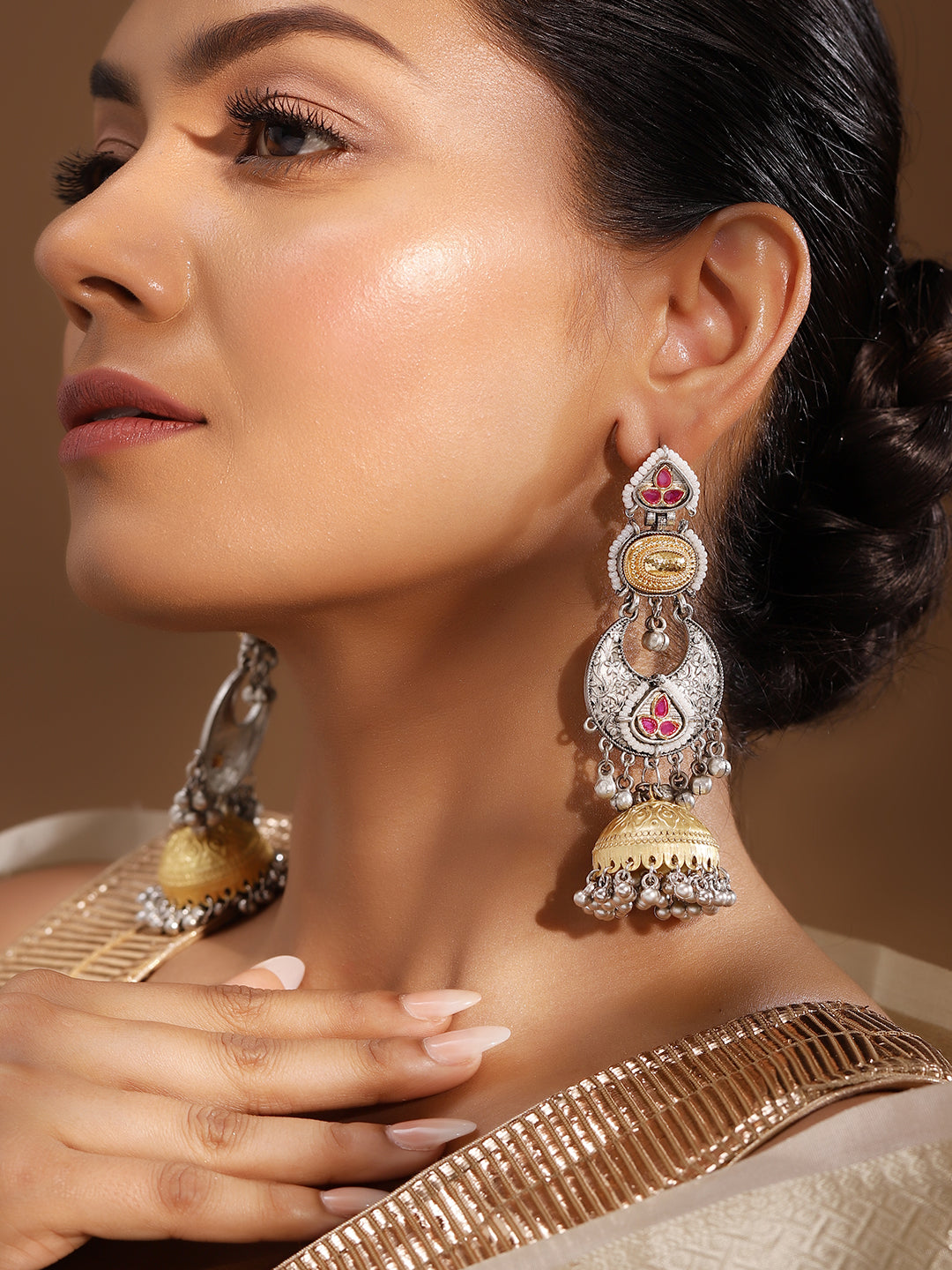 Ishin Pink Colour Silver Plated Jhumka Earring