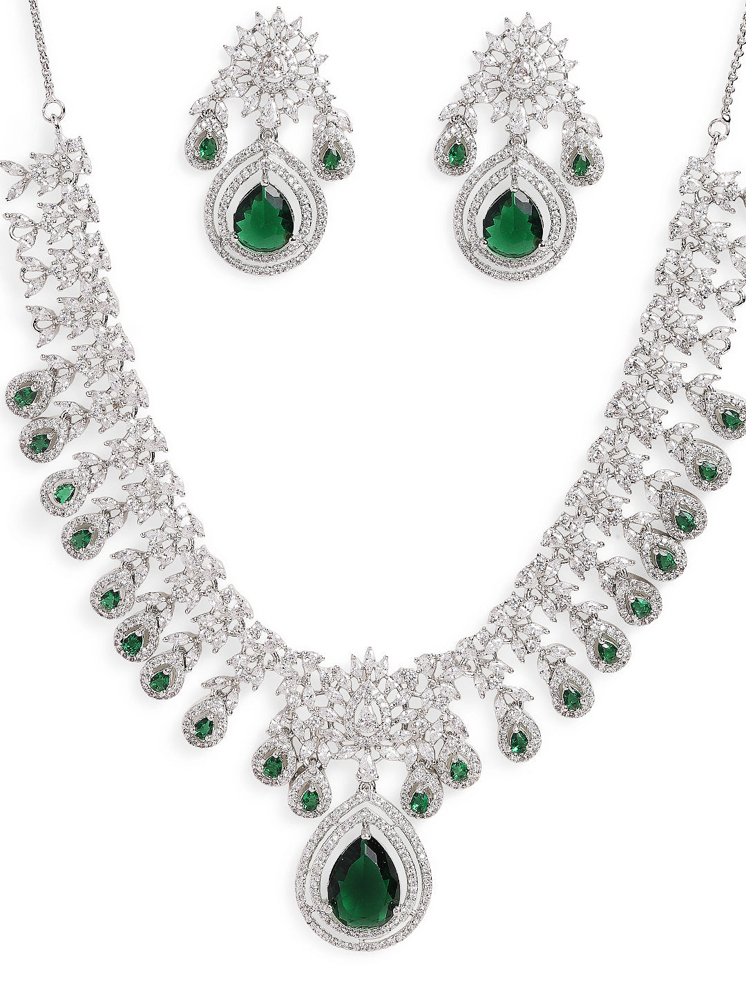 Ishin Green Colour Silver Plated American Diamond Jewellery Set