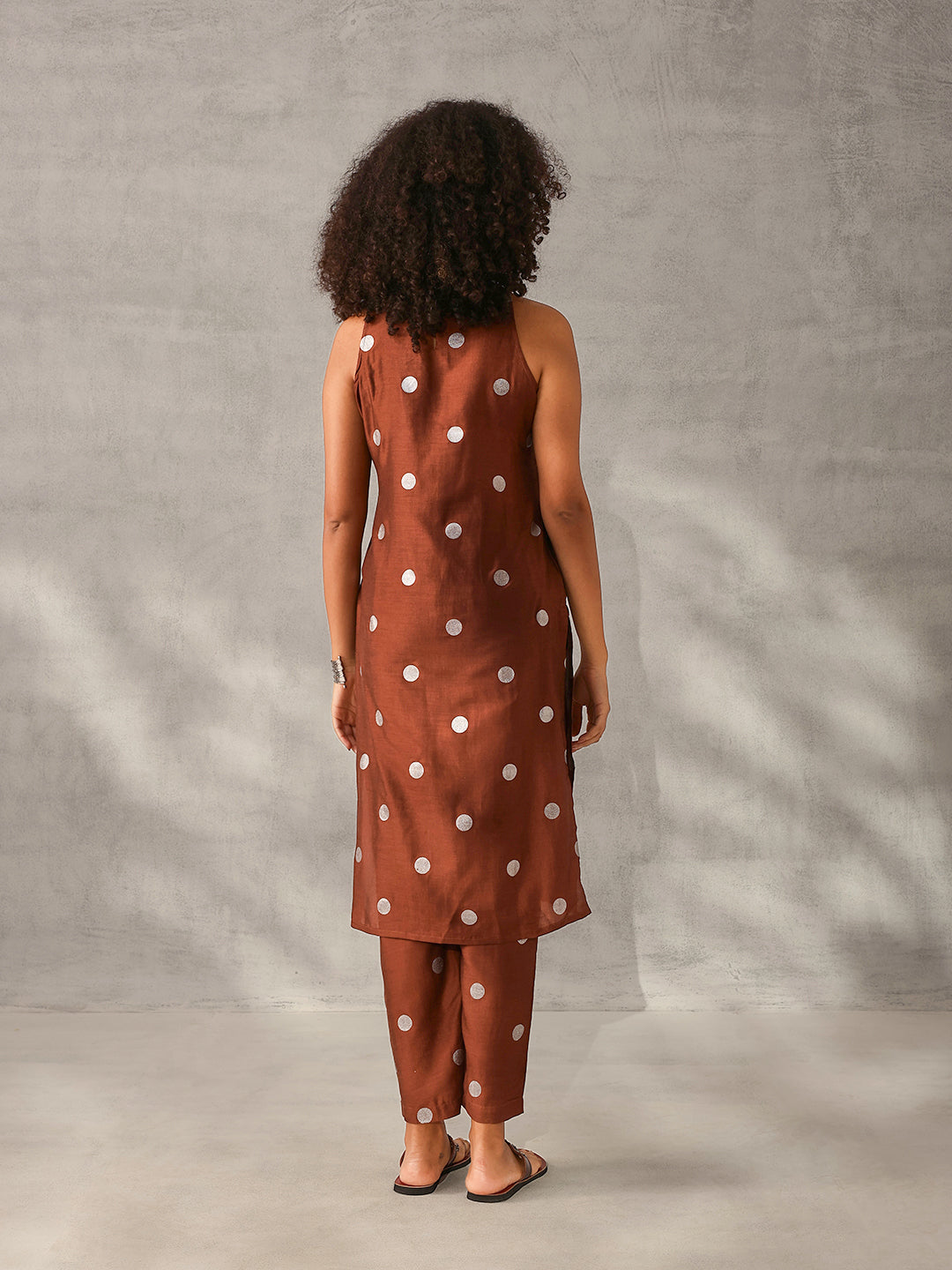 Soft Brown Chinon Foil Printed Straight Fit Kurta Set