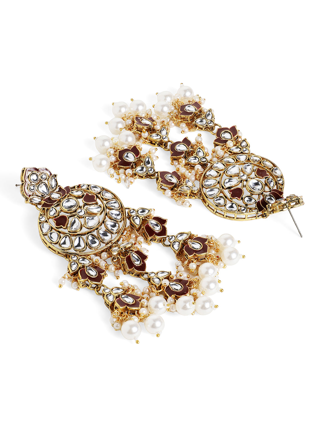Ishin Maroon Kundan Pattern Floral Elegance Gold Pattern Drop Earrings