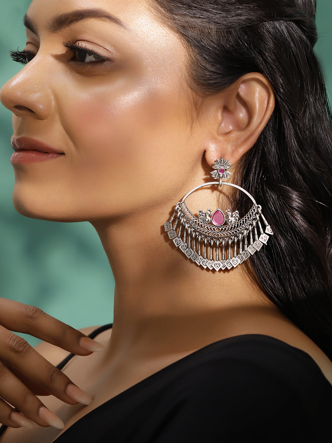 Ishin Pink Colour Silver Plated Chandbali Earring