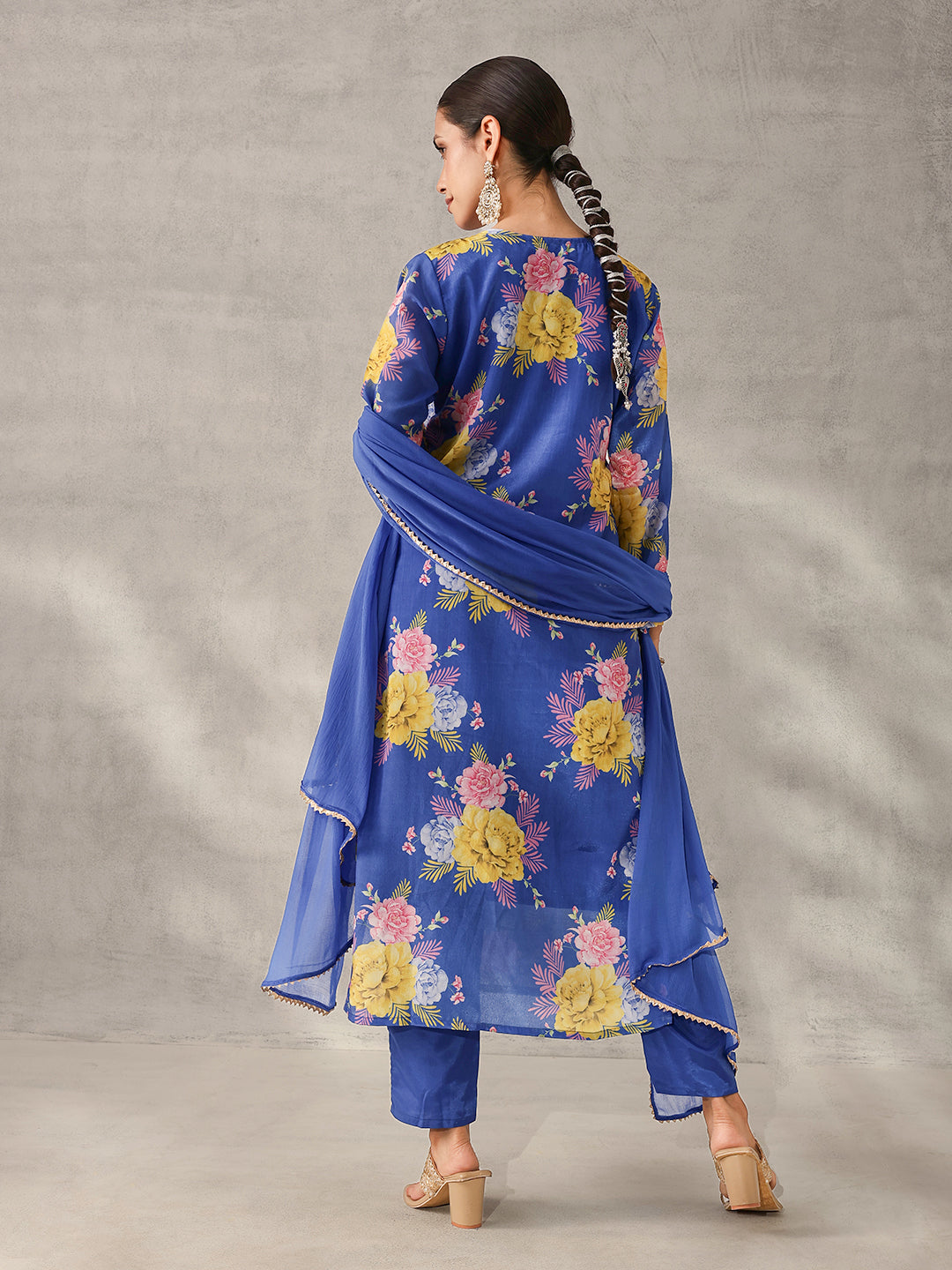 Soft Blue Chinon Floral Printed straight fit Kurta Set with Dupatta