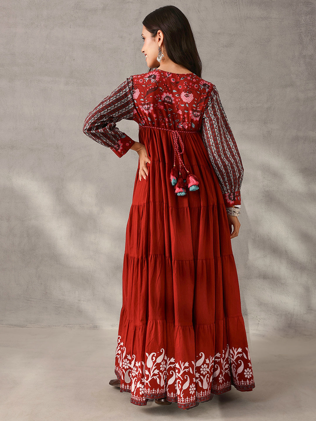 Graceful mustard Cotton Floral Printed Tiered fit Gown 