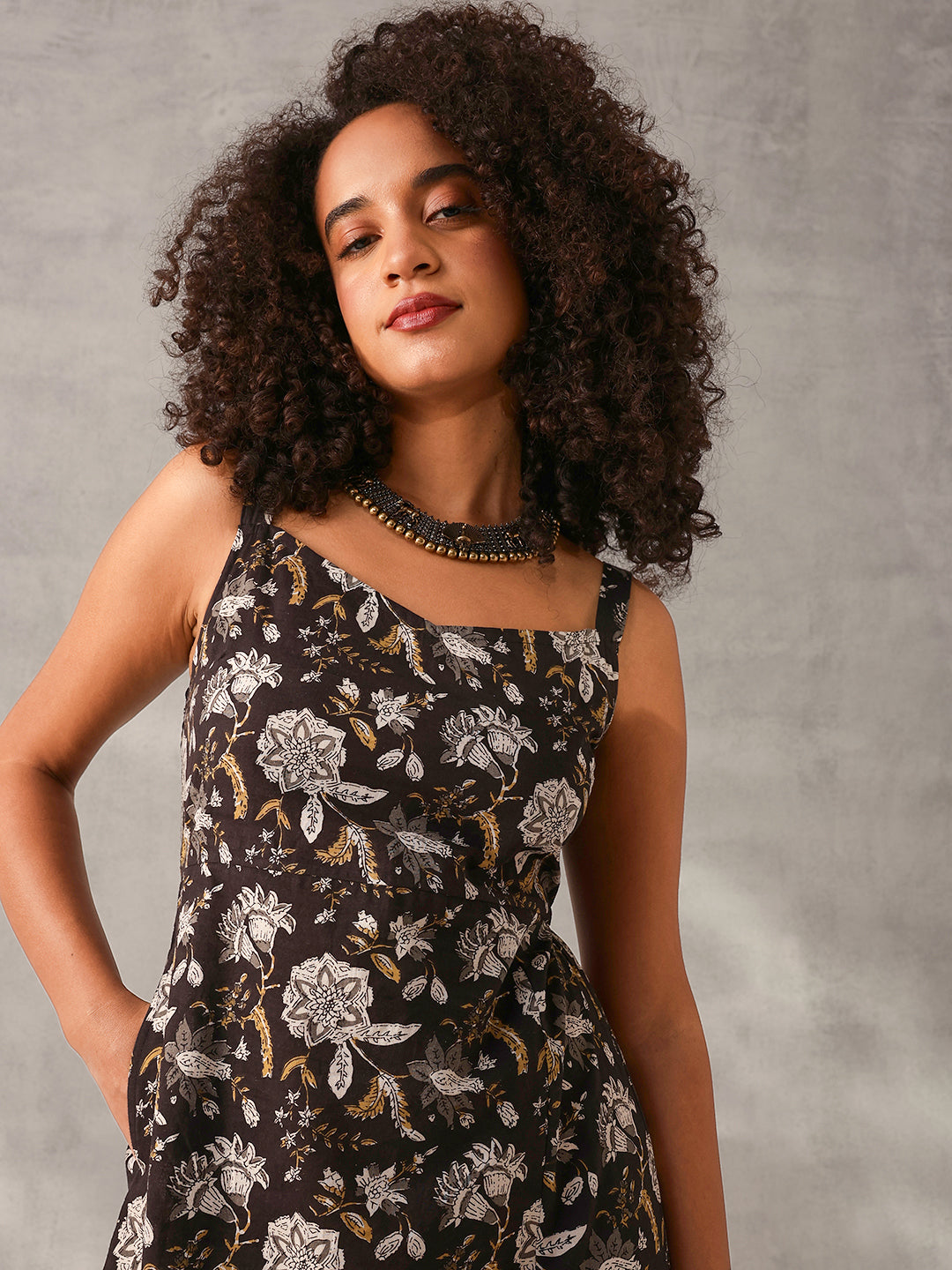 Graceful Black cotton Printed Regular Fit Dress