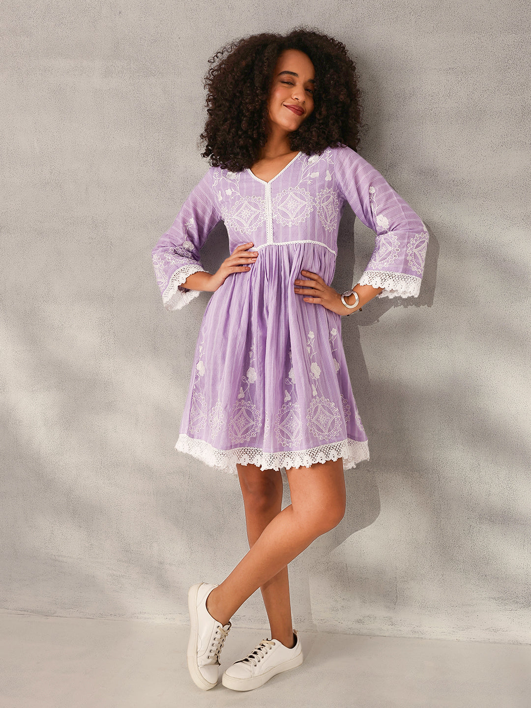 Comfy Lavender Cotton Embroidered Fit & Flare Dress