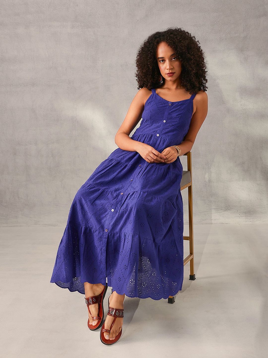 Comfy Blue Cotton Schiffli Tiered fit Dress