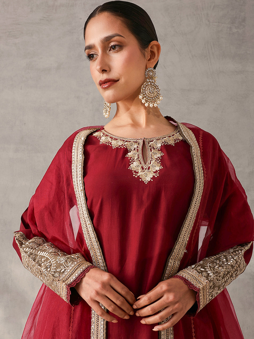 Rich Maroon Roman Silk Zari Embroidered Straight Fit Kurta Set with Dupatta