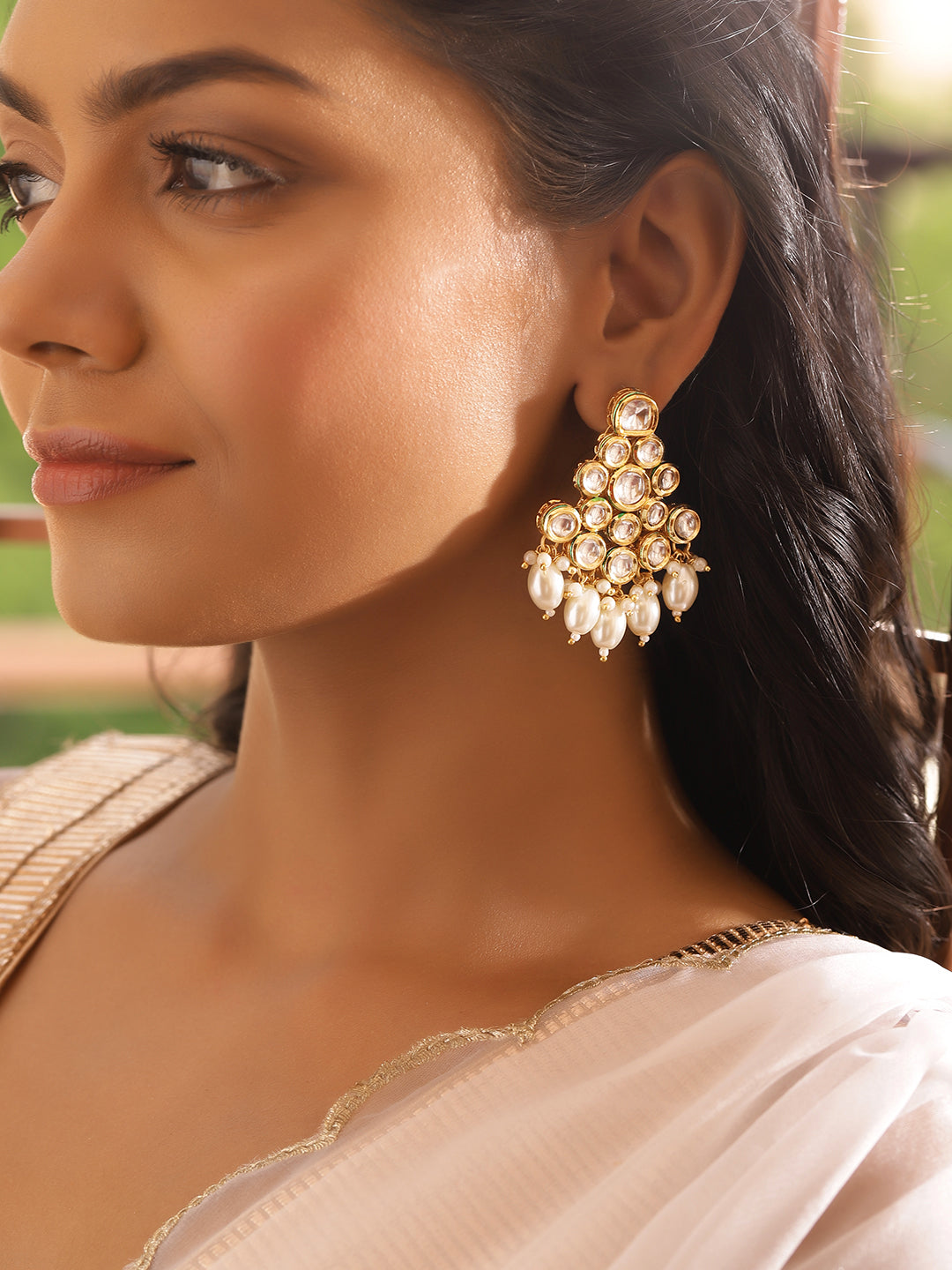 Ishin White Colour Gold plated Kundan Drop Earring
