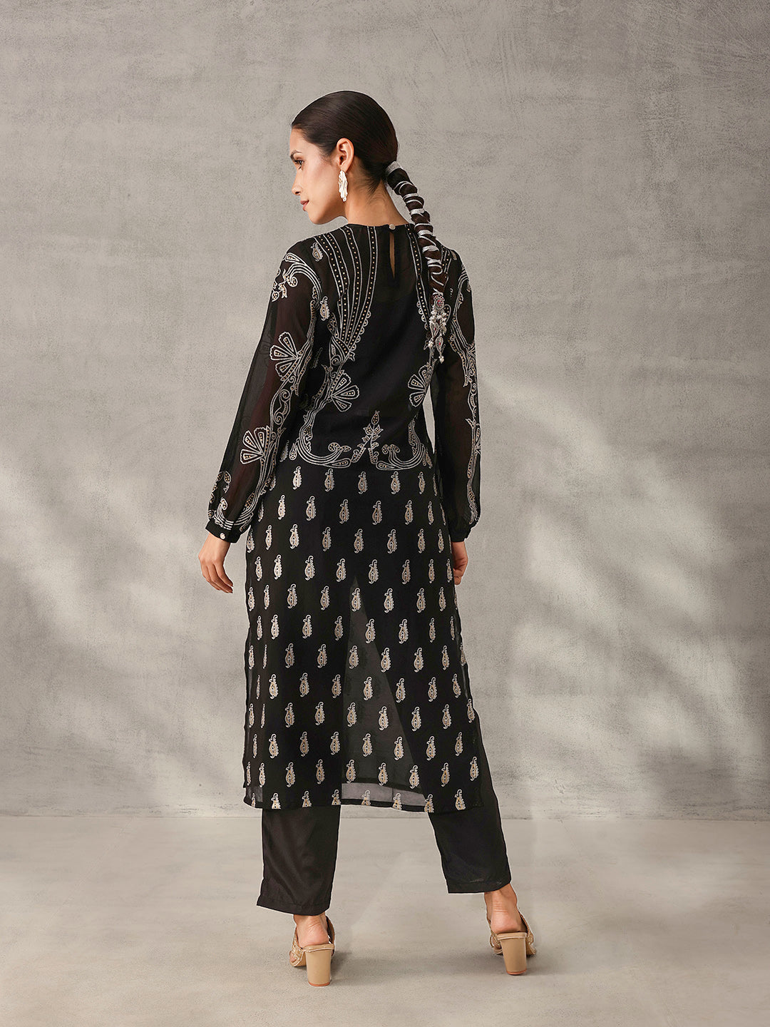 Flowy Black Crepe Foil Printed Straight Fit Kurta Set with Crop Top