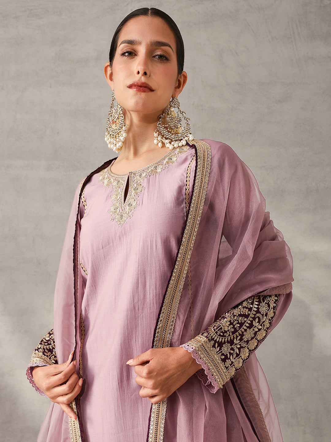 Rich Lilac Roman Silk Zari Embroidered Straight Fit Kurta Set with Dupatta