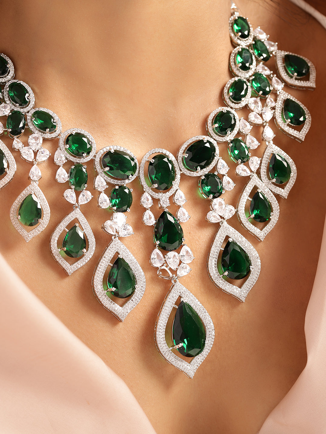 Ishin Green Colour Silver plated American Diamond Jewellery set