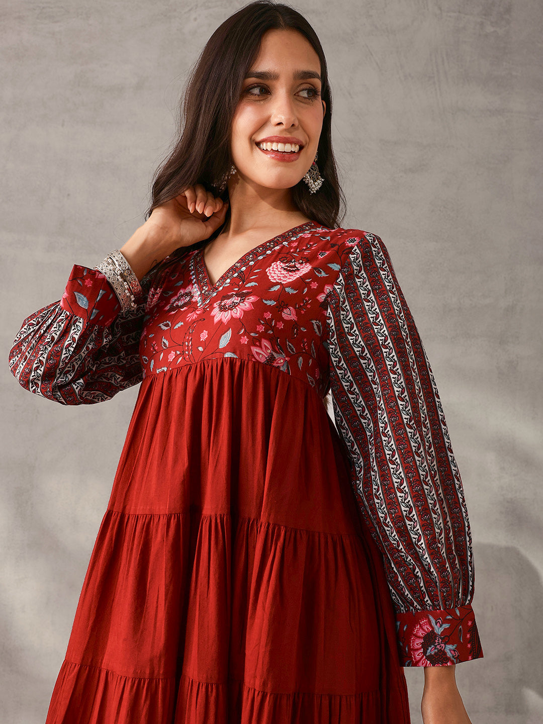 Graceful mustard Cotton Floral Printed Tiered fit Gown 