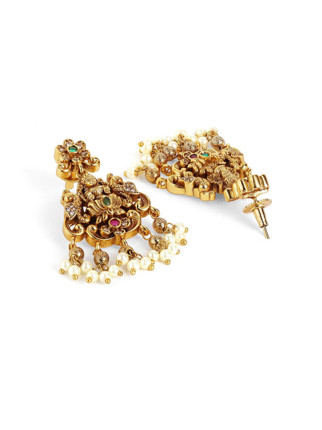 Green Stoned Goddess Pattern Pearl Beads Gold Plated Necklace and Drop Earrings Jewellery Set