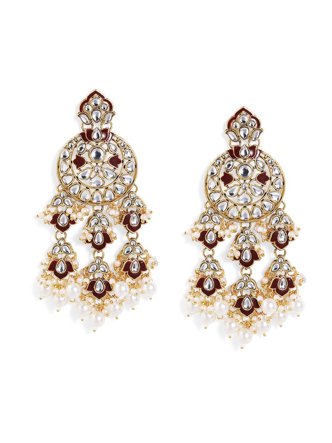 Ishin Maroon Kundan Pattern Floral Elegance Gold Pattern Drop Earrings