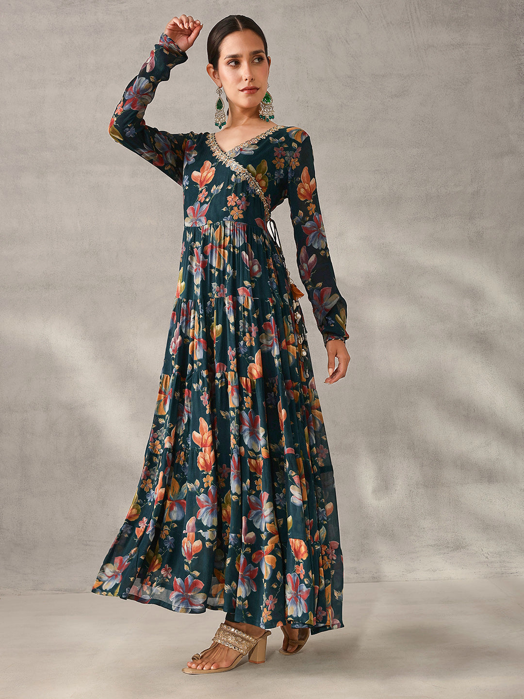 Graceful Blue Chinon Floral Printed Tiered Kurta Set with Dupatta