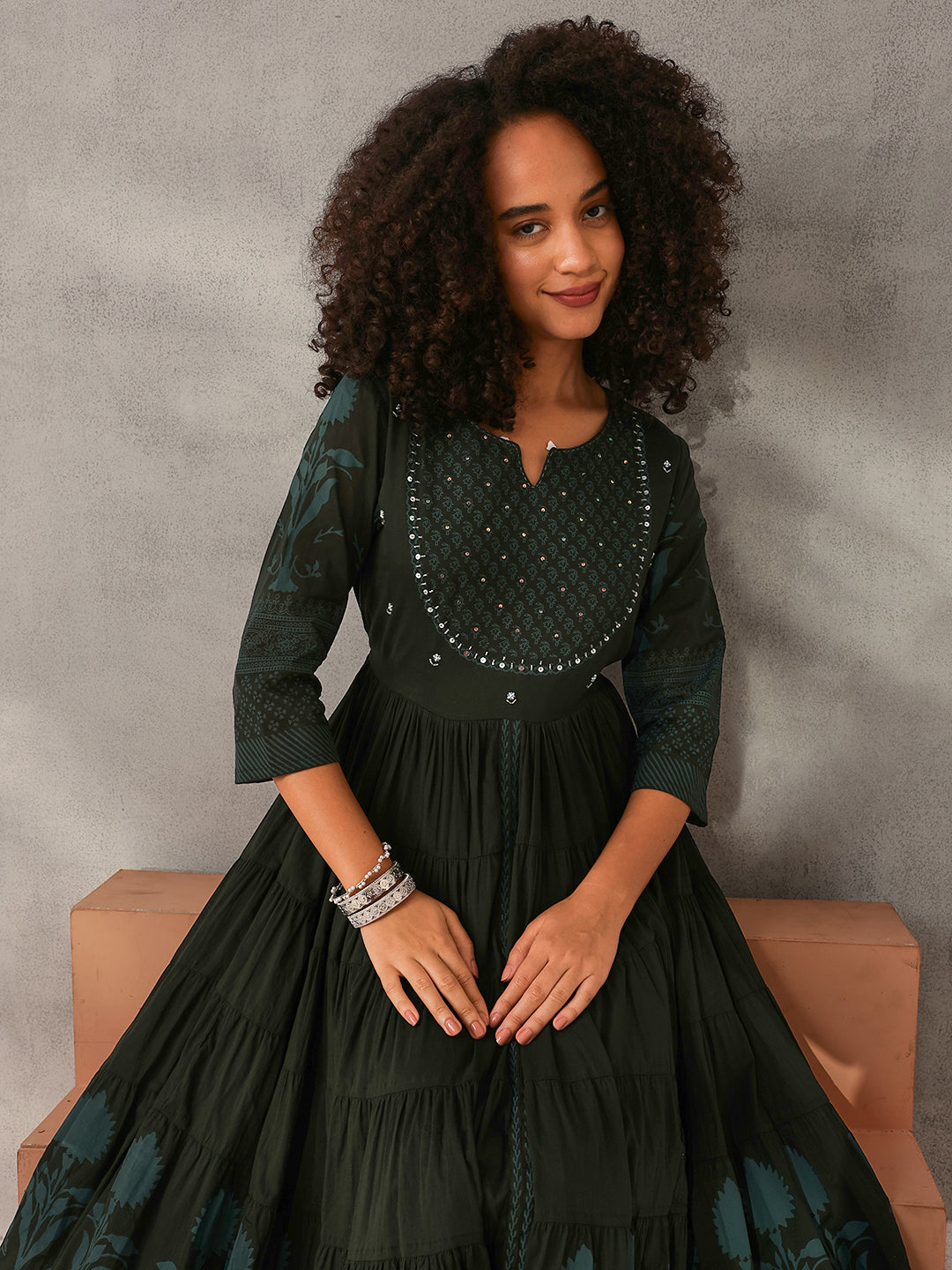Graceful Green Cotton Printed with Embroidered Fit & Flare Gown