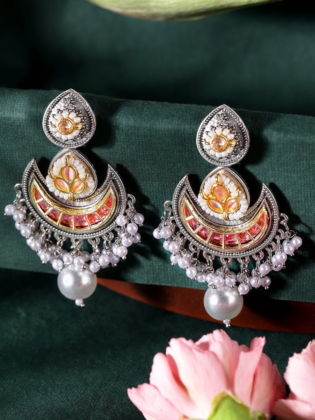 Ishin Pink Colour Silver Plated Pearl Chandbali Earring