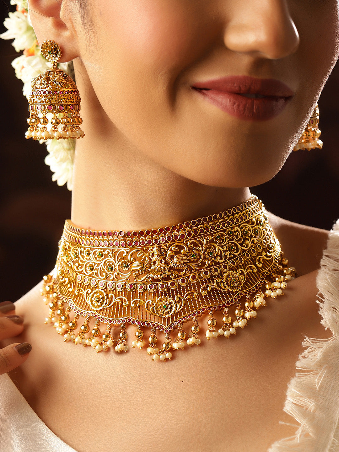 Ishin Floral Elegance Goddess Pattern Gold Plated Necklace Drop Earrings Jewellery Set