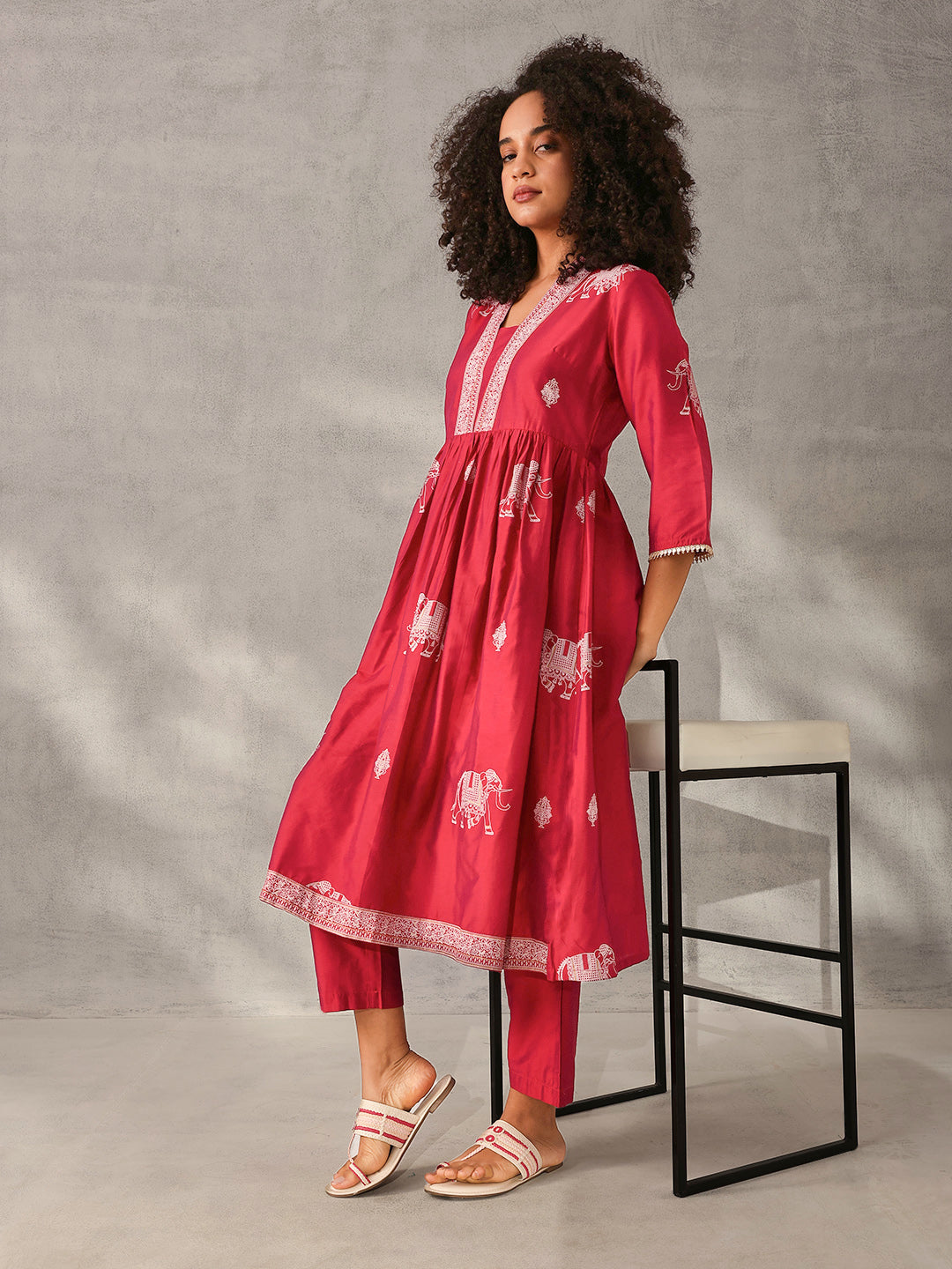 Soft Maroon Polystyrene Foil Printed Anarkali Kurta Set with Bottom