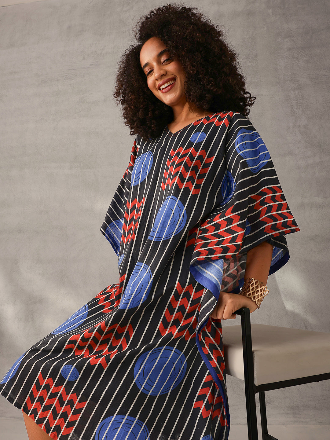 Comfy Black Cotton Printed Kaftan with tassels