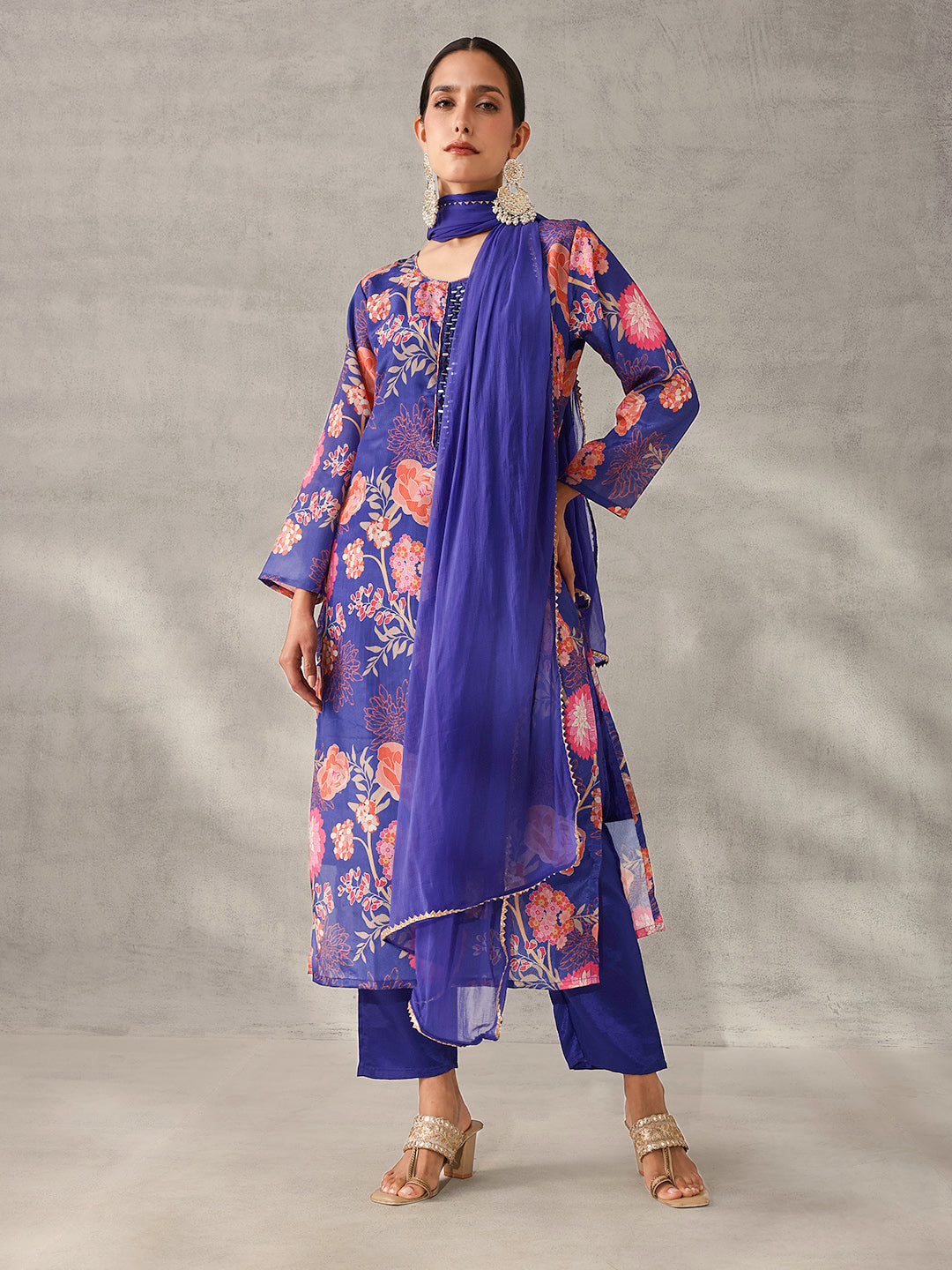 Soft Royal Blue Chinon Floral Printed straight fit Kurta Set with Dupatta
