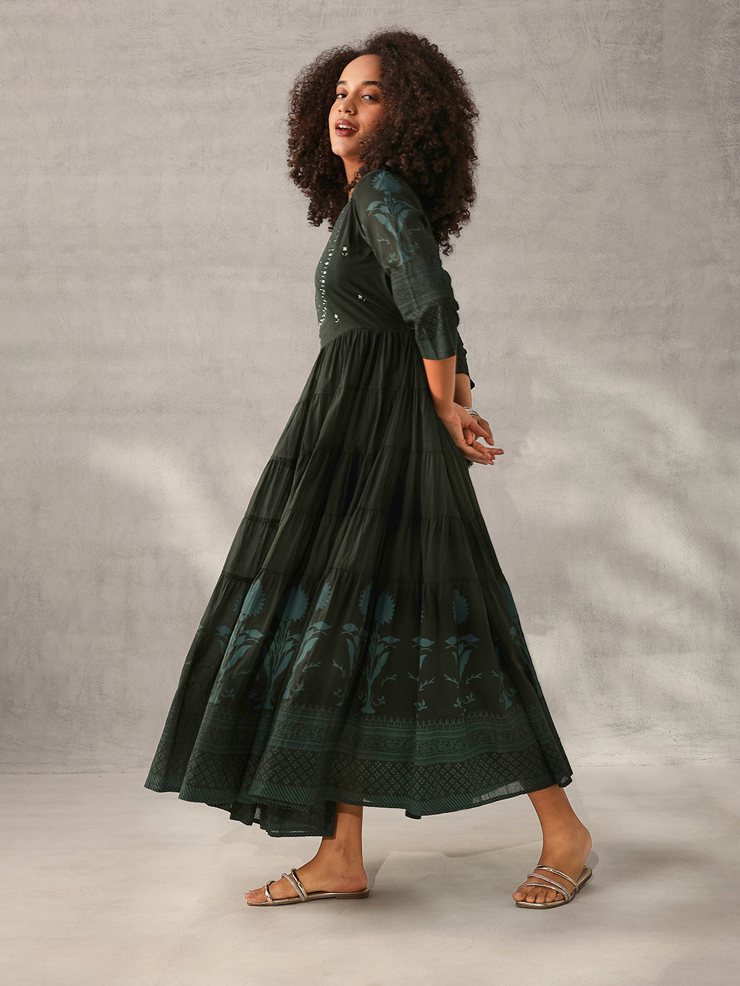 Graceful Green Cotton Printed with Embroidered Fit & Flare Gown