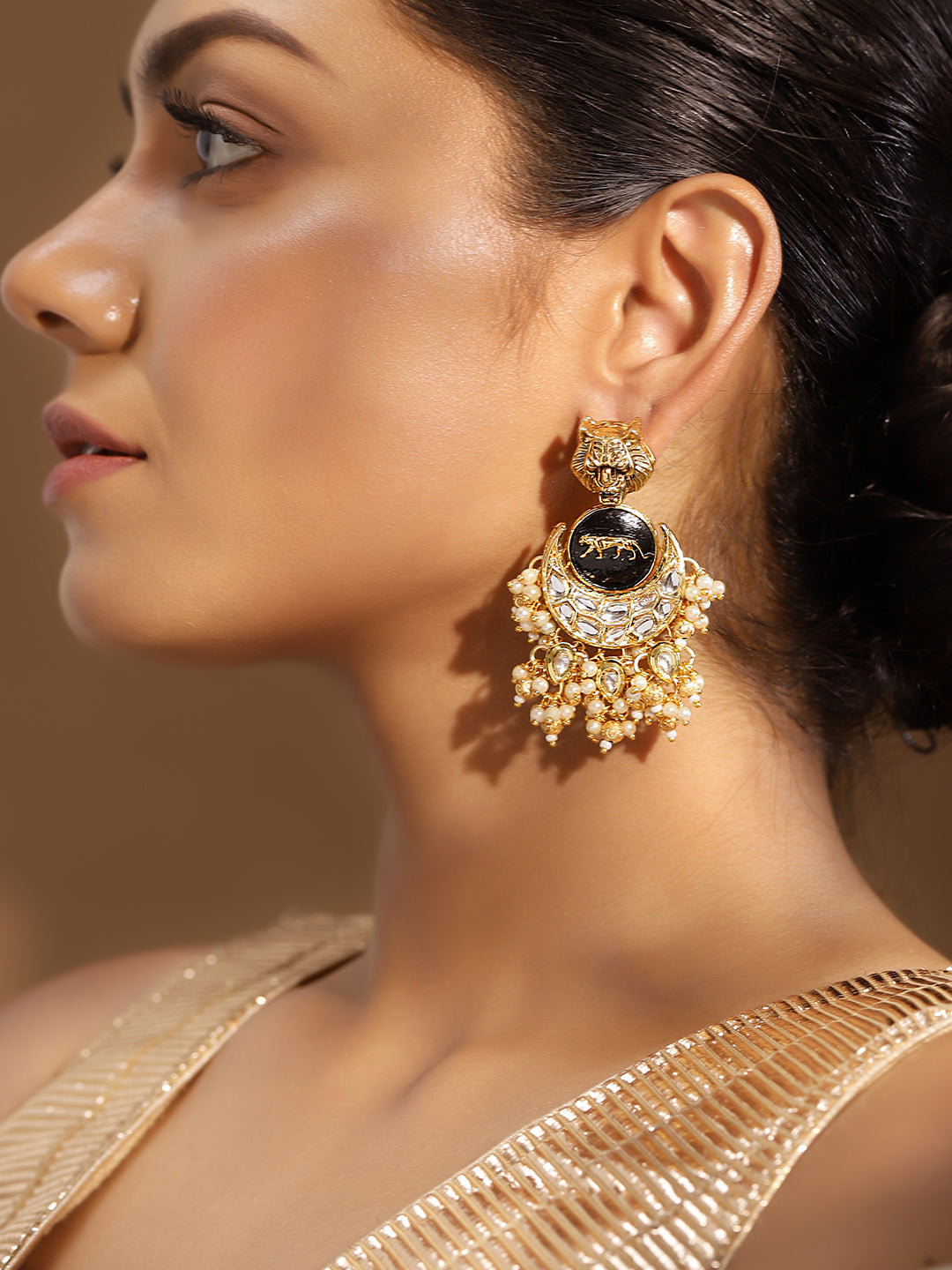 Ishin Black Colour Gold plated Kundan Drop Earring