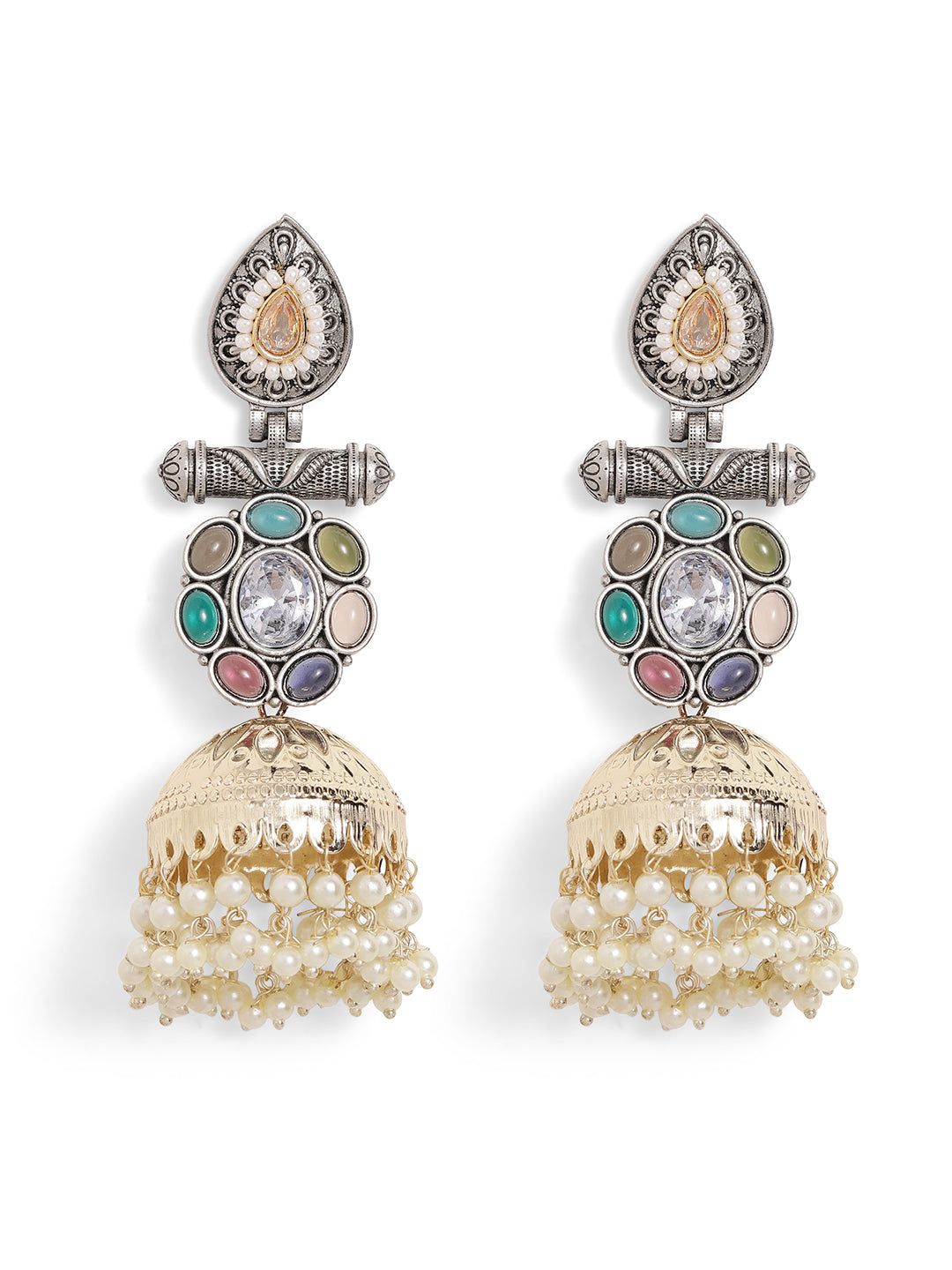 Ishin Multi Colour Silver Plated Beads Jhumka Earring