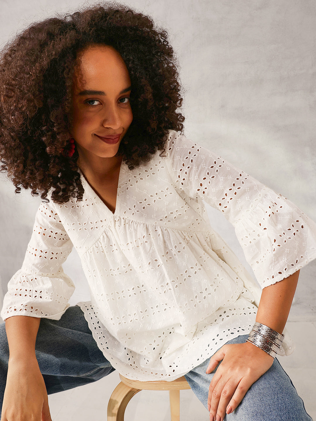 Comfy Purple Cotton Schiffli Regular Fit Top
