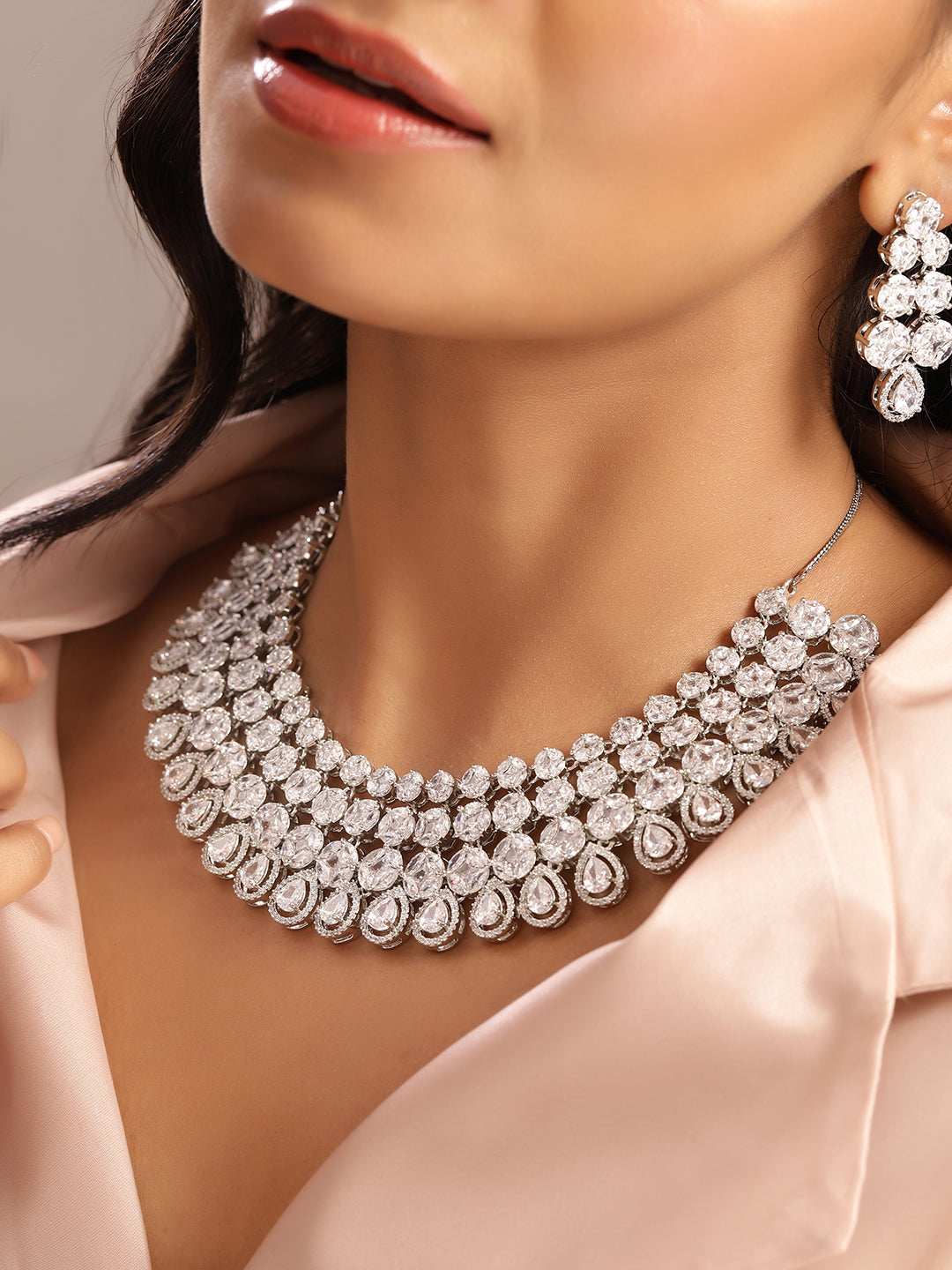 Ishin White Colour Silver Plated American Diamond Jewellery Set
