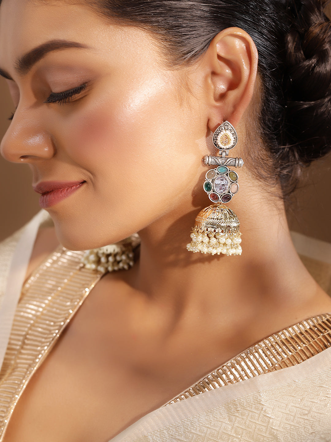 Ishin Multi Colour Silver Plated Beads Jhumka Earring