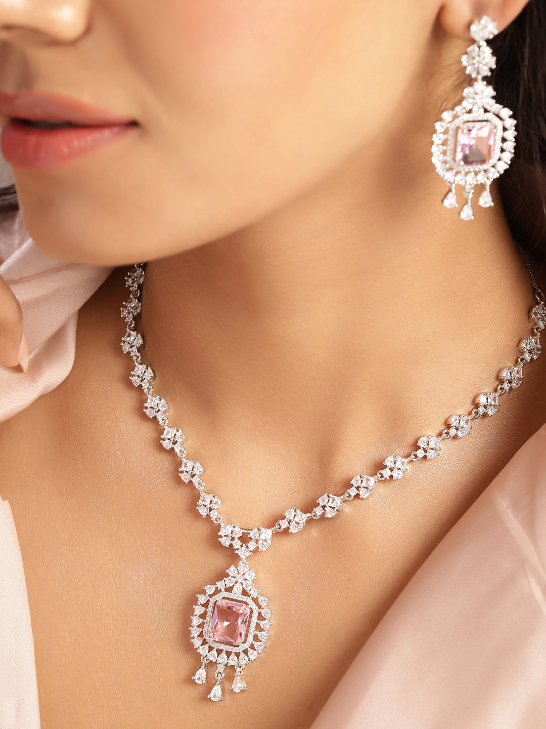 Ishin Pink Colour Silver Plated American Diamond Jewellery Set