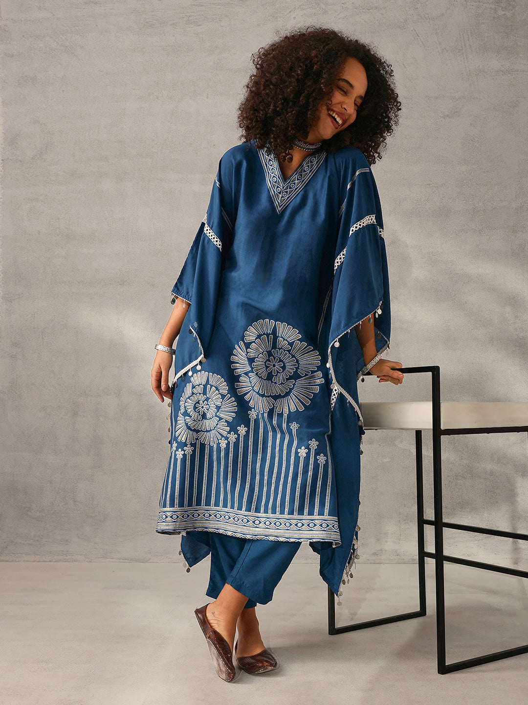Soft navy Chinon Foil Printed Kaftan 