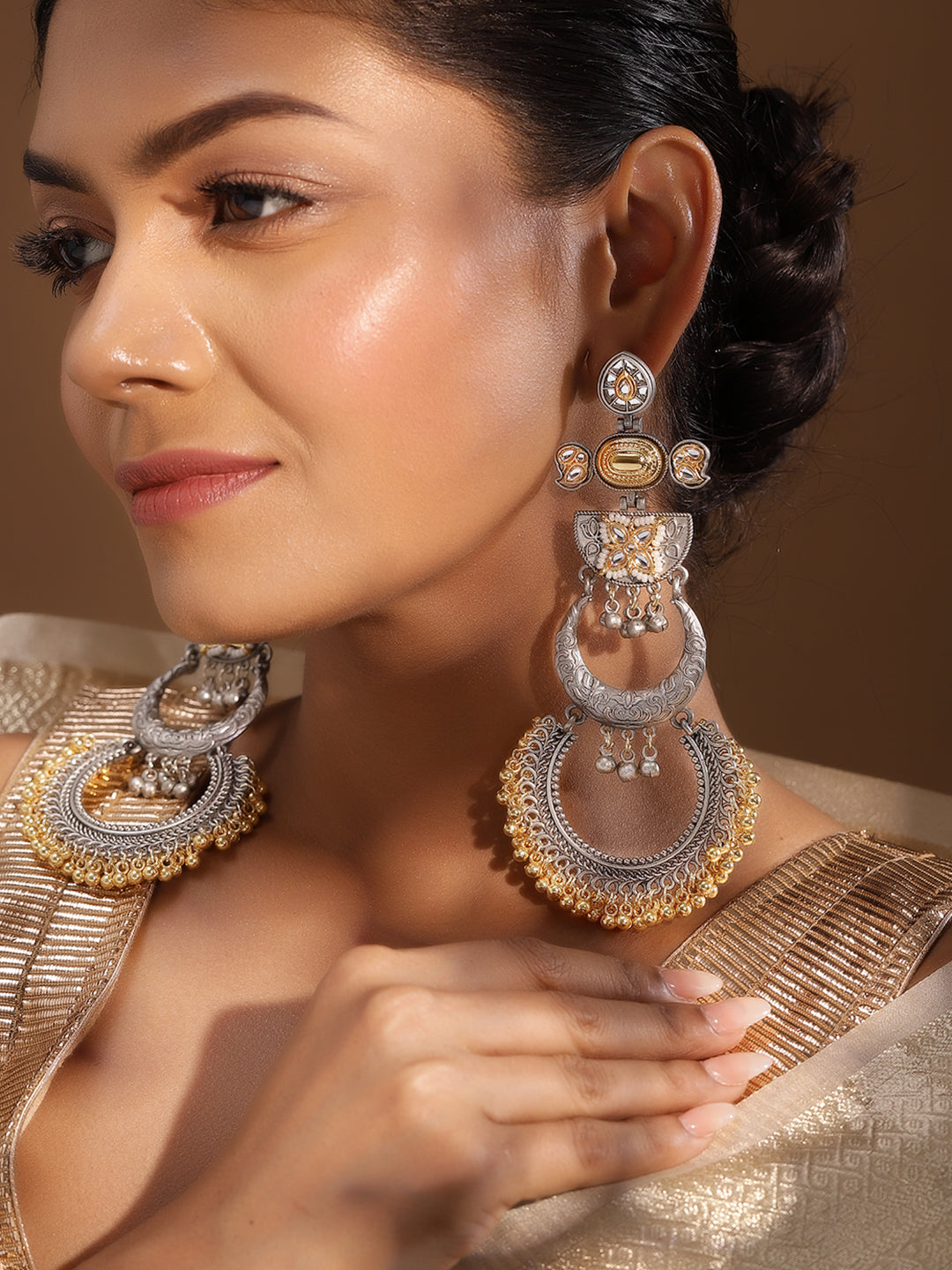 Ishin Multi Colour Silver Plated Chandbali Earring