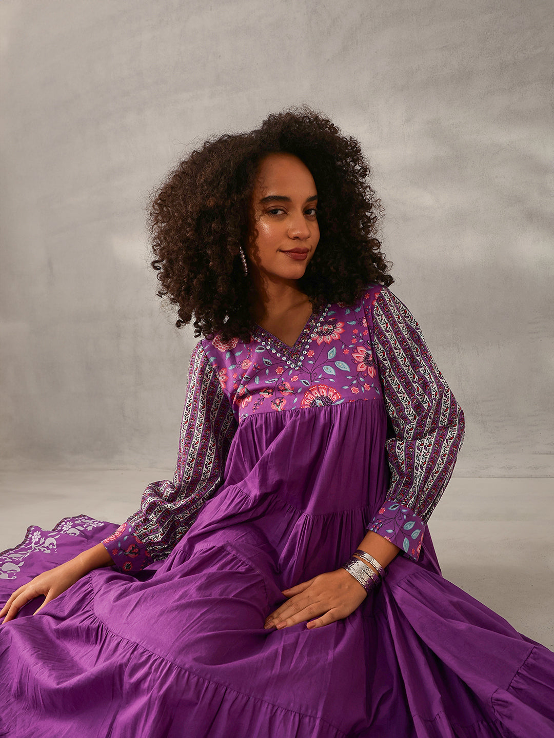 Graceful Lavender Cotton Floral Printed Tiered fit Gown 