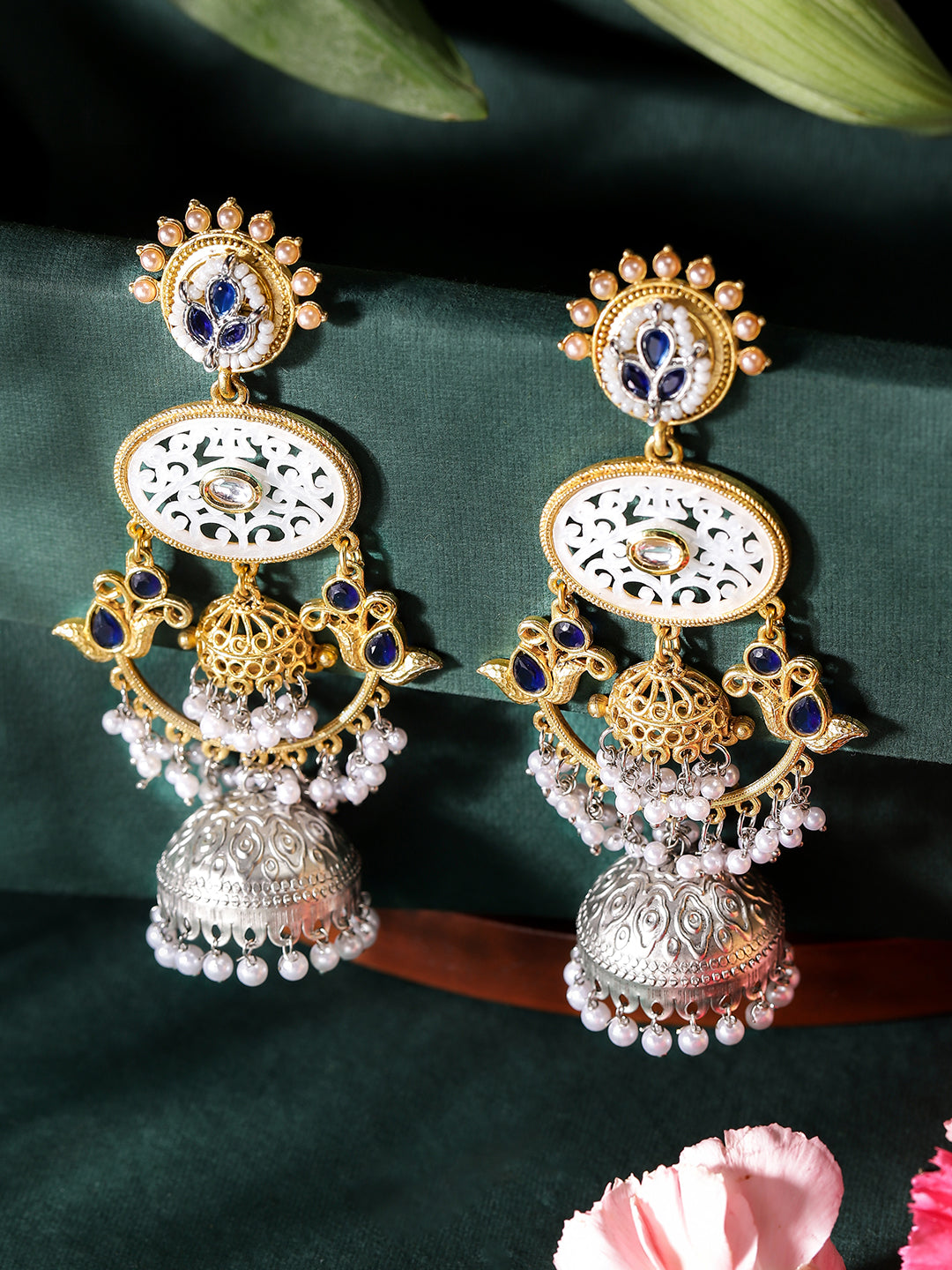 Ishin Blue Colour Silver Plated Beads Jhumka Earring