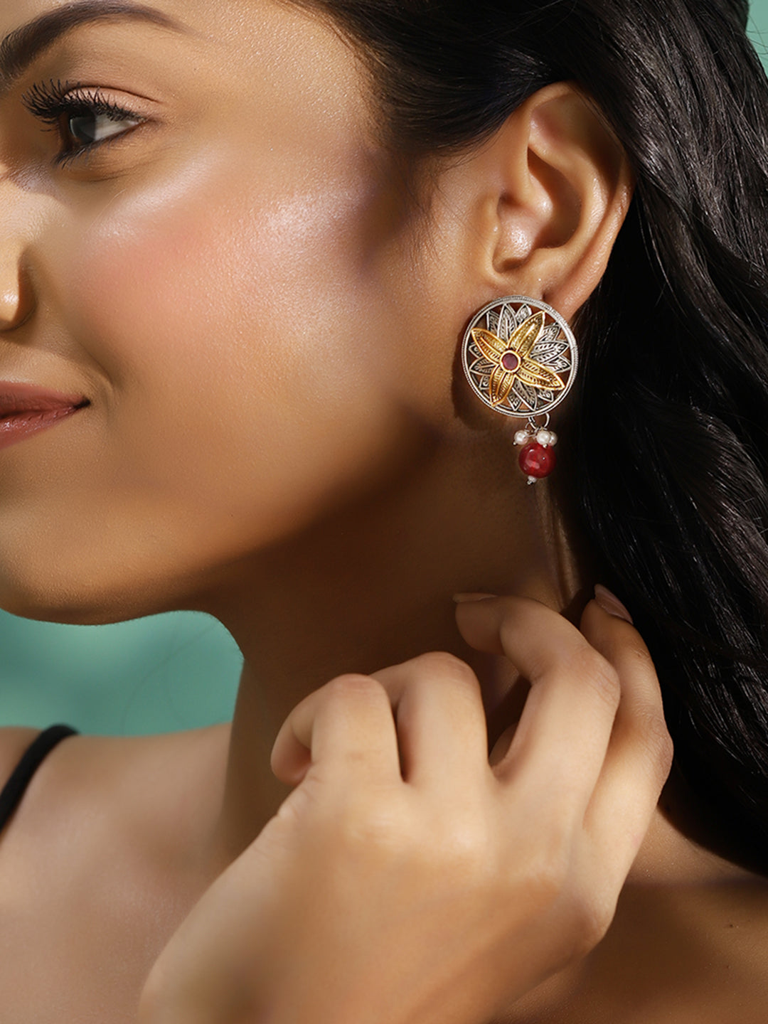 Ishin Maroon Colour Silver Plated Beads Stud Earring
