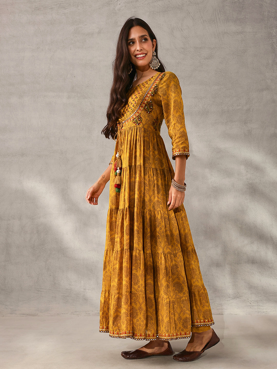 Graceful Mustard Cotton Printed with Embroidered Fit & Flare Gown 
