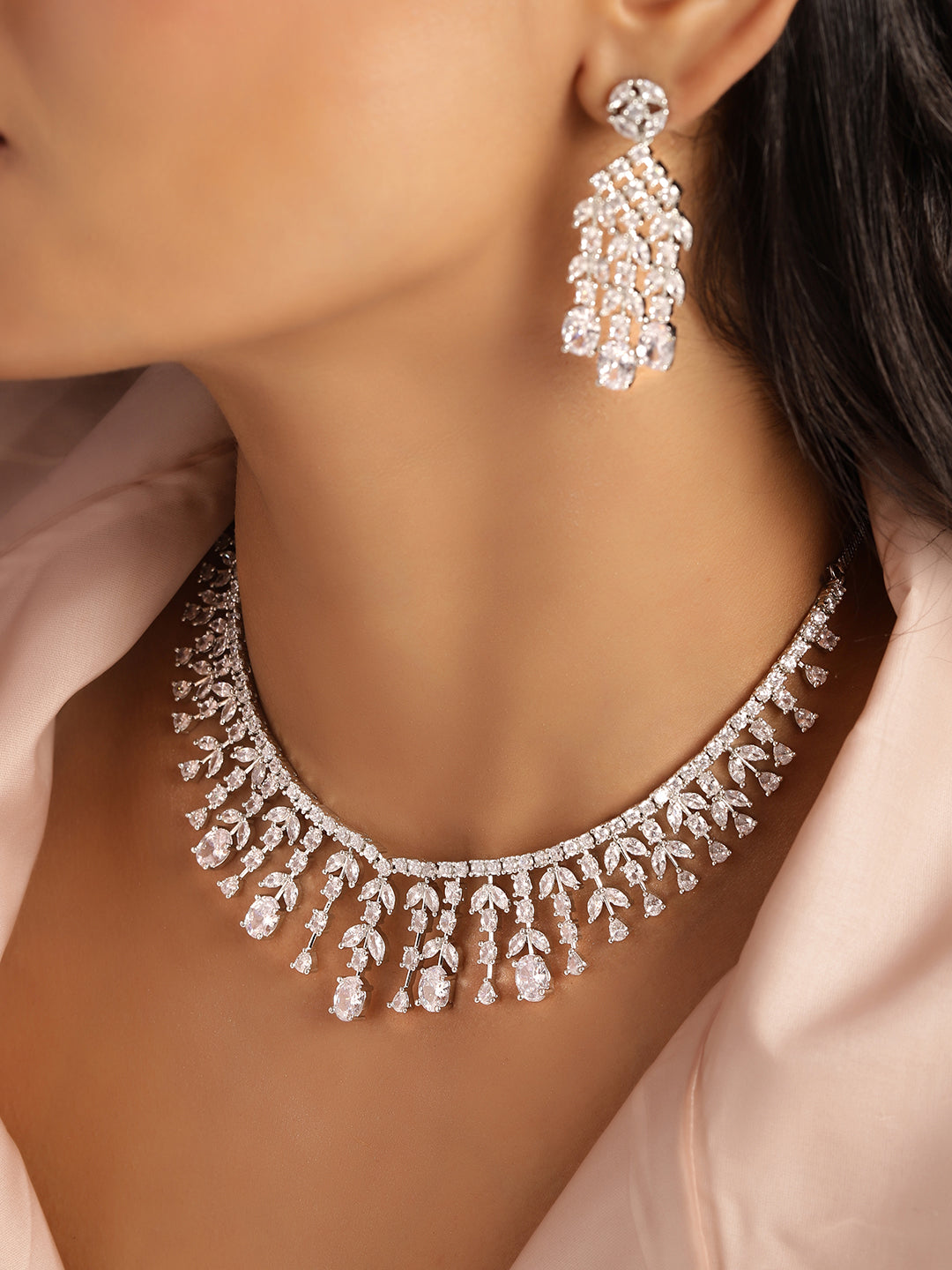 Ishin White Colour Silver Plated American Diamond Jewellery Set