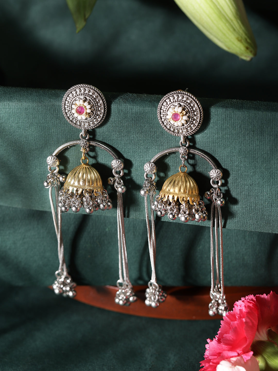 Ishin Pink Colour Silver Plated Jhumka Earring