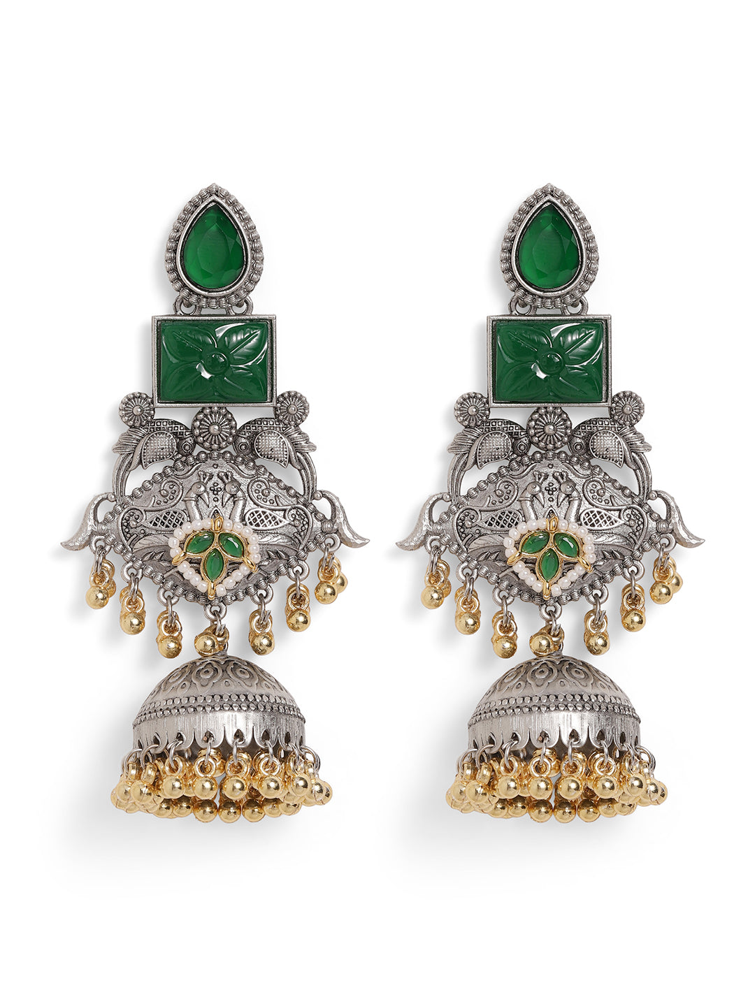 Ishin Green Colour Silver Plated Emerald Jhumka Earring