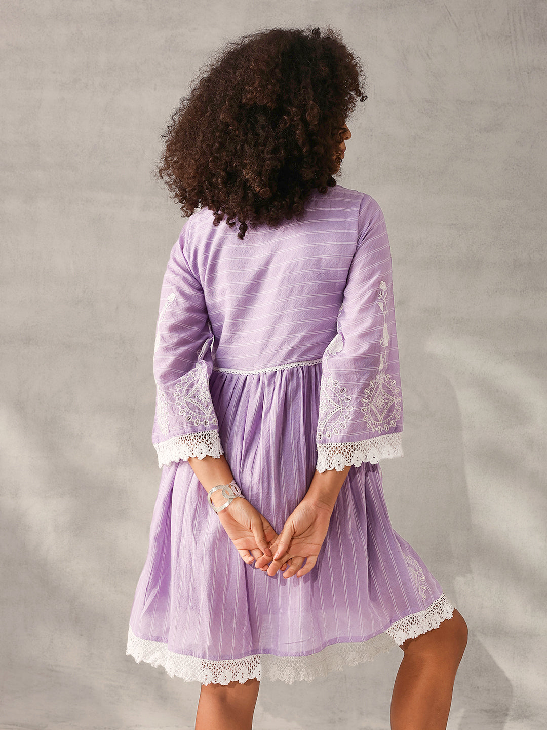 Comfy Lavender Cotton Embroidered Fit & Flare Dress