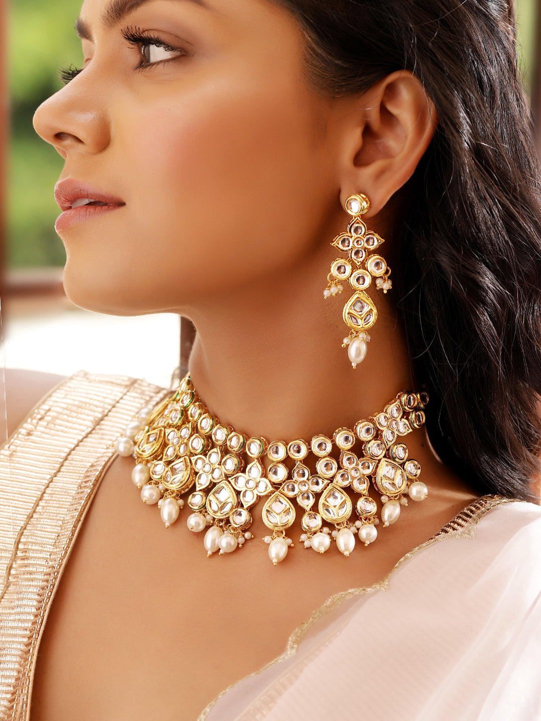 Ishin White Colour Gold plated Kundan with pearl Jewellery set